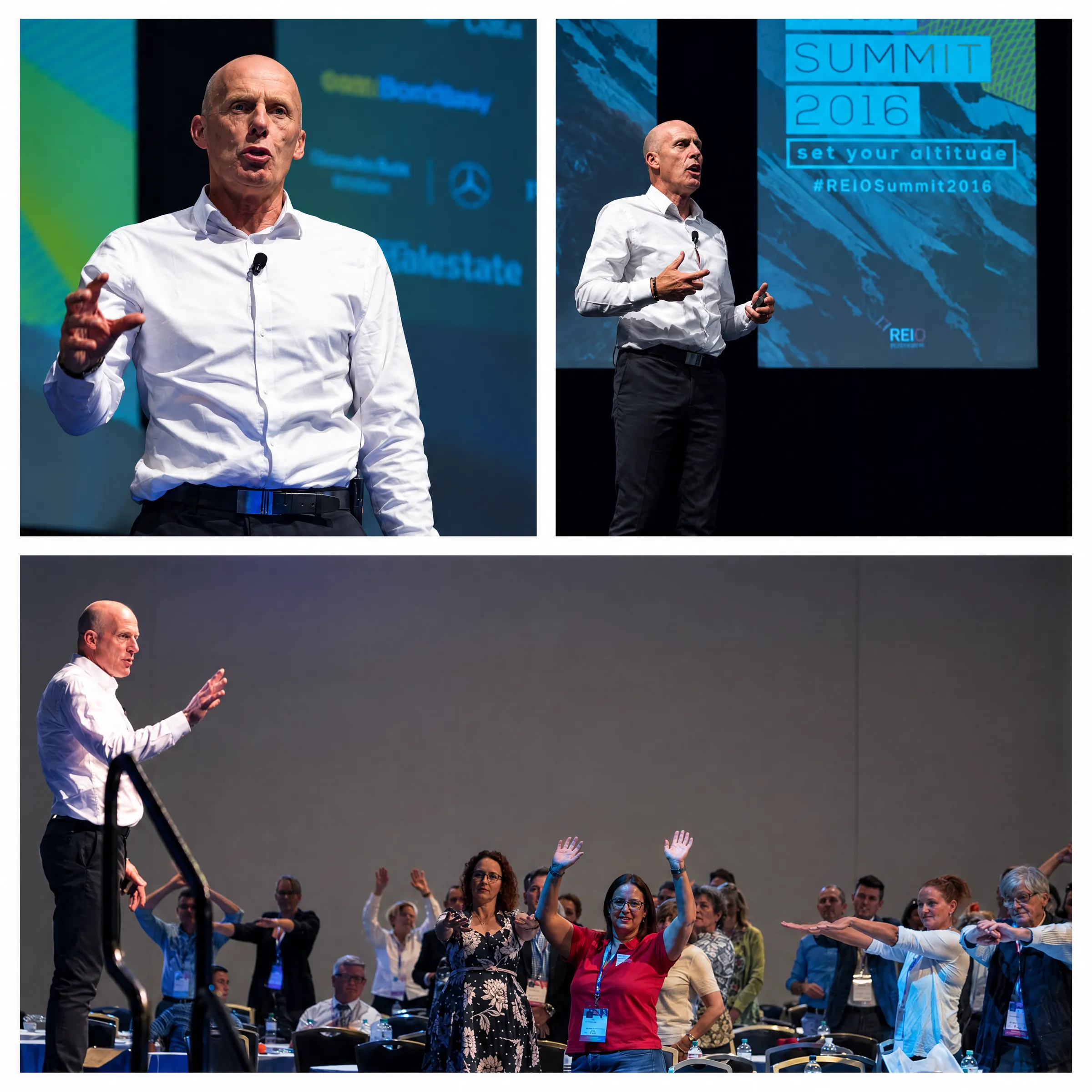 Mark McKeon on stage delivering The Go Zone, black and white